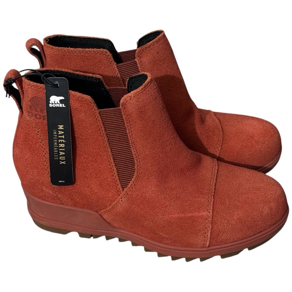 Sorel Evie Pull-On Boots Waterproof Orange Suede Leather Wedge Ankle 5.5